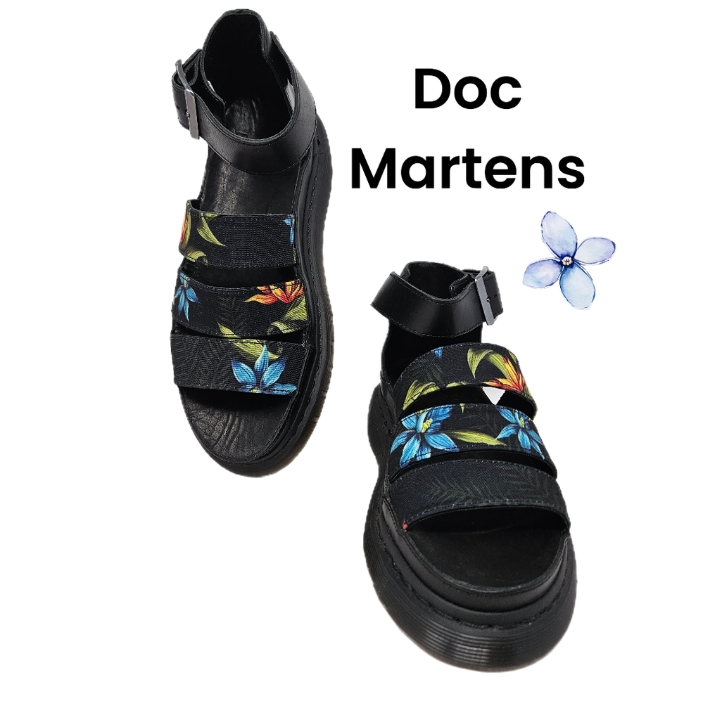Dr. Martens Womens Clarissa Sandels Sz 8 Tropical Print Upper Black Leather Adj.